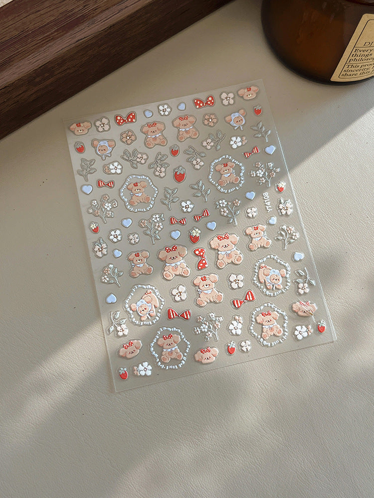 Wholesale love strawberry bear flower relief flat with adhesive nail stickers